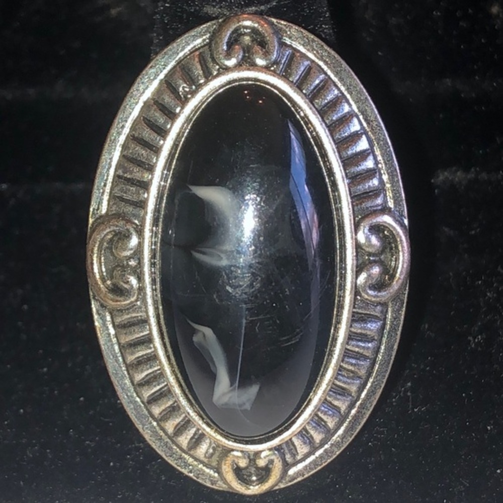 Silver Tone Oval Black Stone Boho Statement Ring - Picture 1 of 6